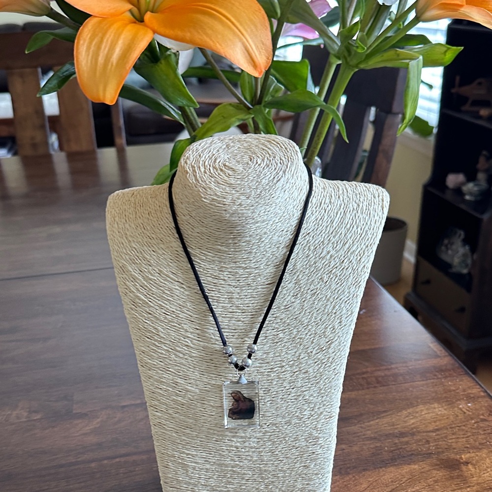 Black Cord Necklace with Madonna and Child NWT